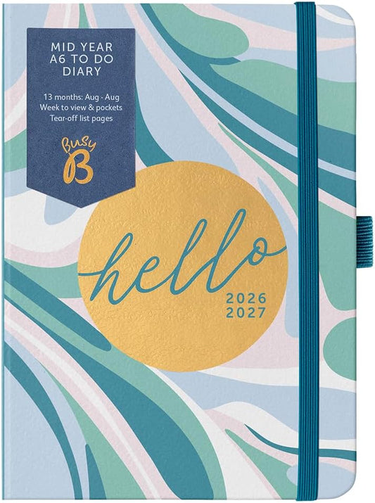 Busy B A6 Diary - Mid-Year Academic Planner - Aug '26 - Aug '27 - Marble Print Planner Journal - Week-to-View with To-Do Lists, Notes Pages, 3 Pockets, Pen Loop, Year Planner & Elastic Closure