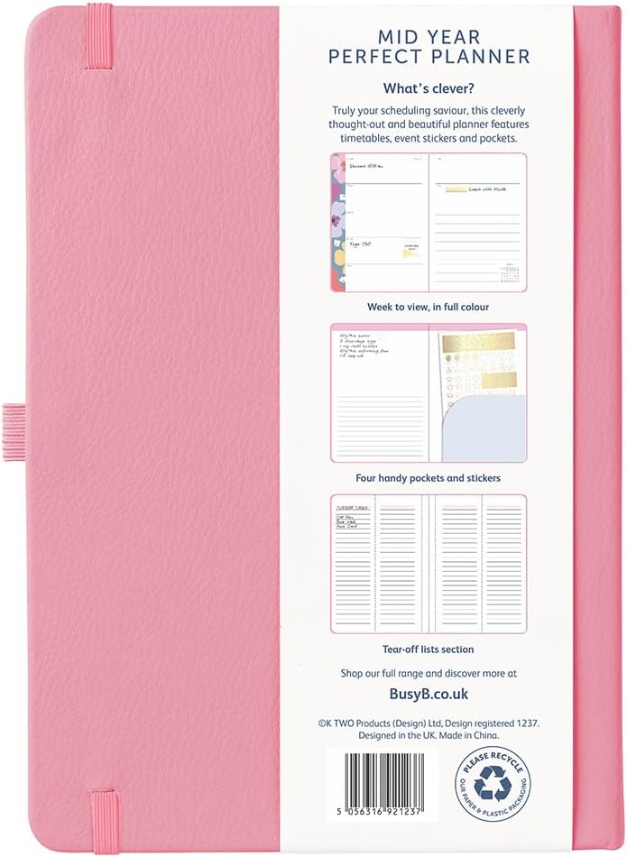 Busy B A5 Weekly Diary - Mid-Year Academic Planner - Aug '26 - Aug '27 - Pink Vegan Leather Cover - Week to View Academic Planner with Stickers, Pen Loop & List Pad