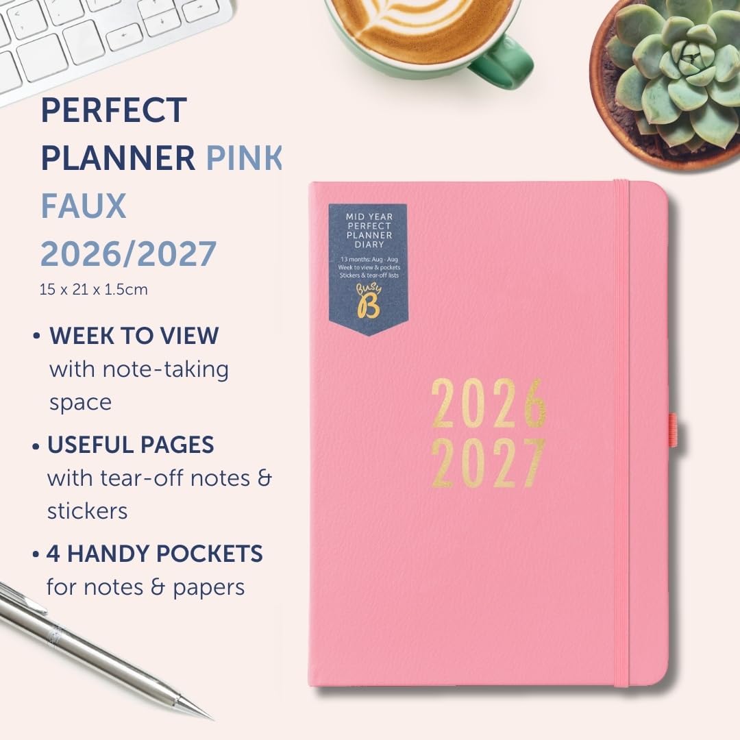 Busy B A5 Weekly Diary - Mid-Year Academic Planner - Aug '26 - Aug '27 - Pink Vegan Leather Cover - Week to View Academic Planner with Stickers, Pen Loop & List Pad