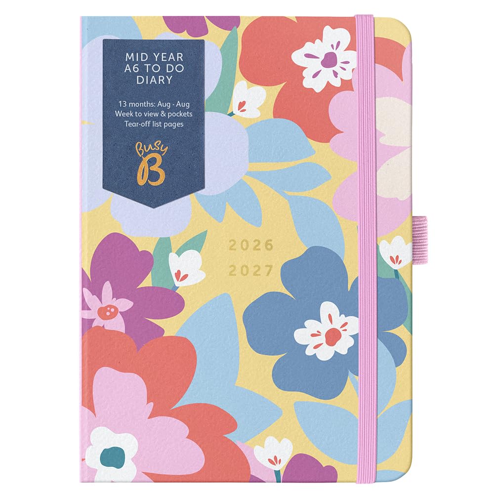 Busy B A6 Diary - Mid-Year Academic Planner - Aug '26 - Aug '27 - Marble Print Planner Journal - Week-to-View with To-Do Lists, Notes Pages, 3 Pockets, Pen Loop, Year Planner & Elastic Closure