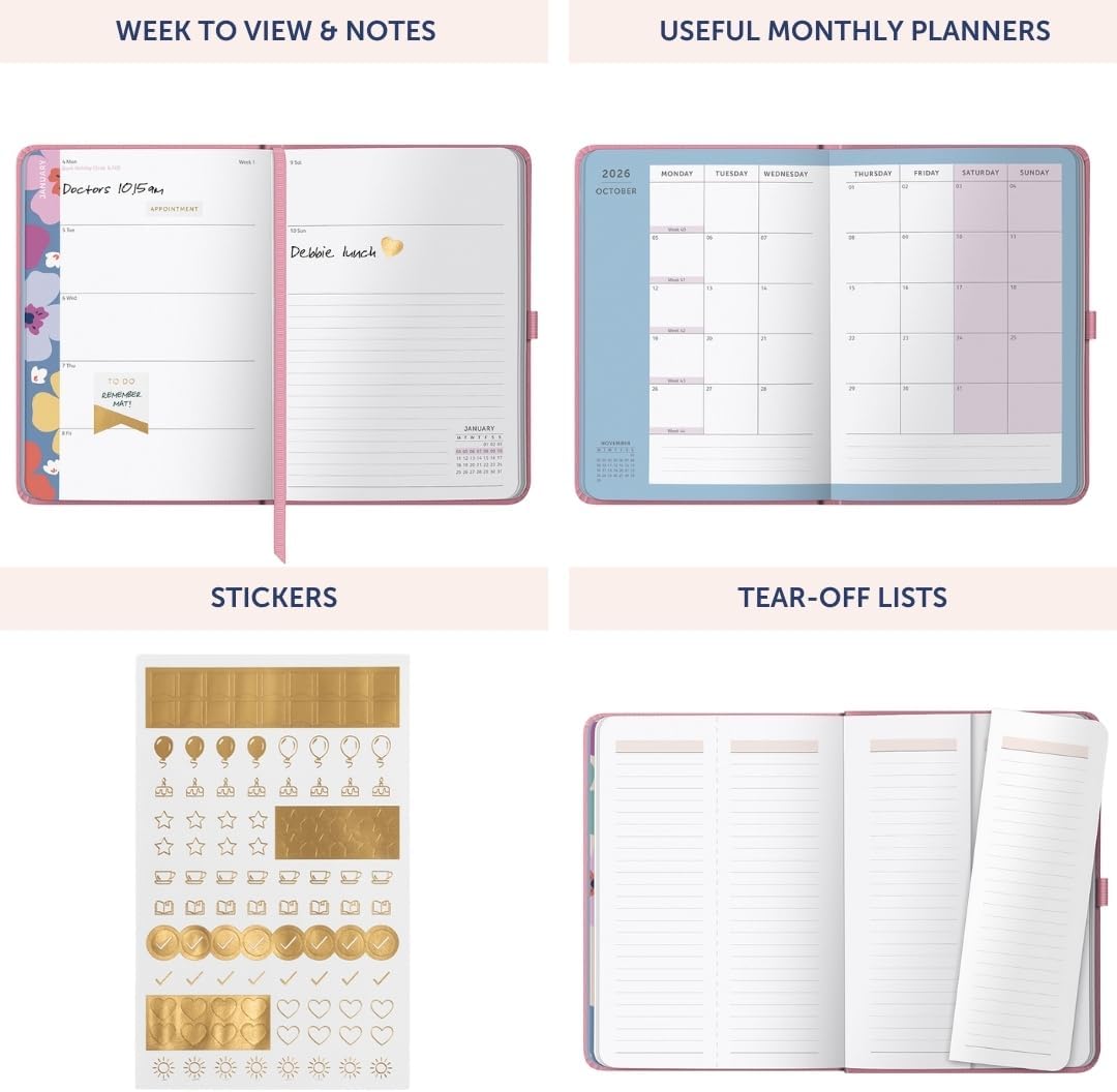 Busy B A5 Weekly Diary - Mid-Year Academic Planner - Aug '26 - Aug '27 - Pink Vegan Leather Cover - Week to View Academic Planner with Stickers, Pen Loop & List Pad