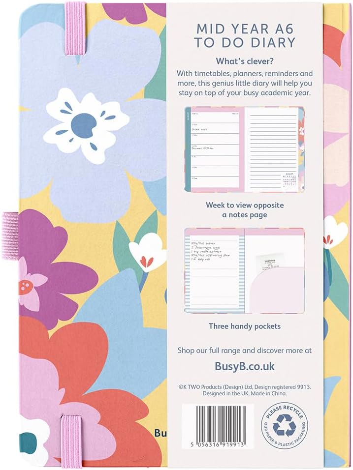 Busy B A6 Diary - Mid-Year Academic Planner - Aug '26 - Aug '27 - Floral Print Planner Journal - Week-to-View with To-Do Lists, Notes Pages, 3 Pockets, Pen Loop, Year Planner & Elastic Closure