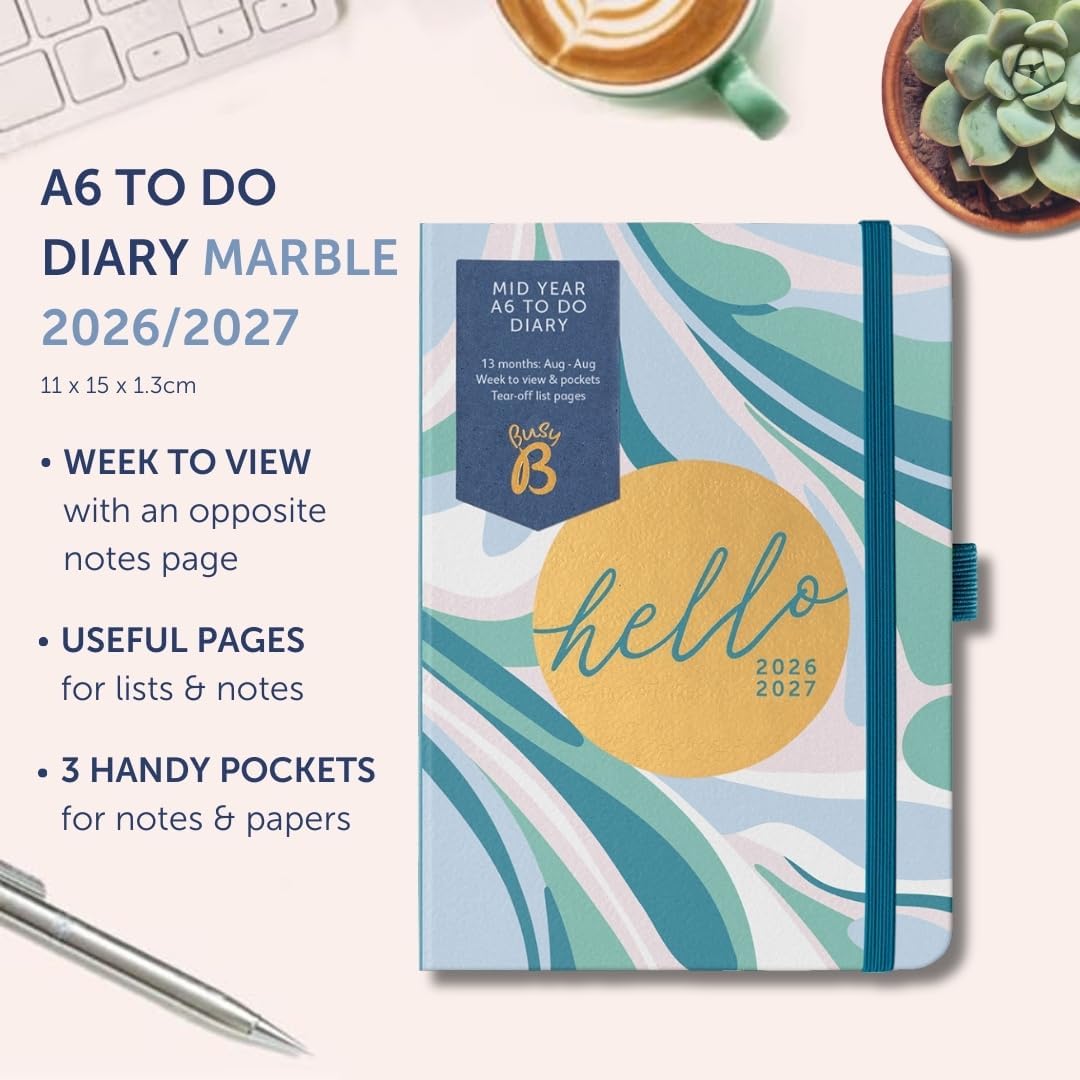 Busy B A6 Diary - Mid-Year Academic Planner - Aug '26 - Aug '27 - Marble Print Planner Journal - Week-to-View with To-Do Lists, Notes Pages, 3 Pockets, Pen Loop, Year Planner & Elastic Closure