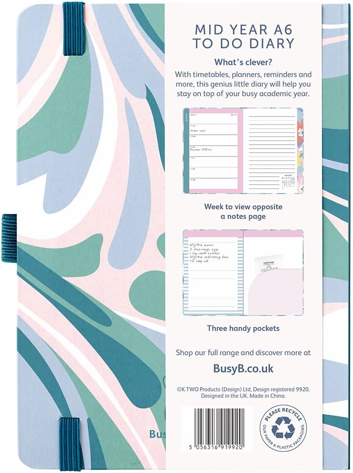 Busy B A6 Diary - Mid-Year Academic Planner - Aug '26 - Aug '27 - Marble Print Planner Journal - Week-to-View with To-Do Lists, Notes Pages, 3 Pockets, Pen Loop, Year Planner & Elastic Closure
