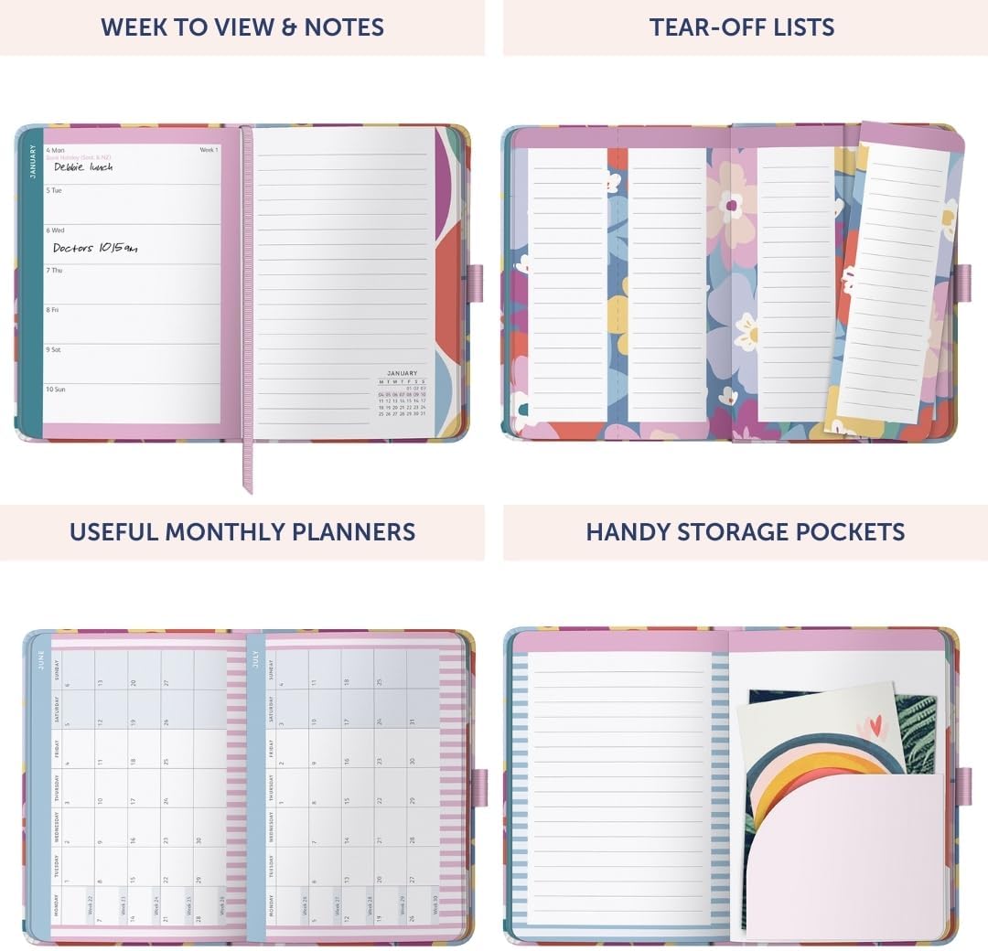 Busy B A6 Diary - Mid-Year Academic Planner - Aug '26 - Aug '27 - Floral Print Planner Journal - Week-to-View with To-Do Lists, Notes Pages, 3 Pockets, Pen Loop, Year Planner & Elastic Closure