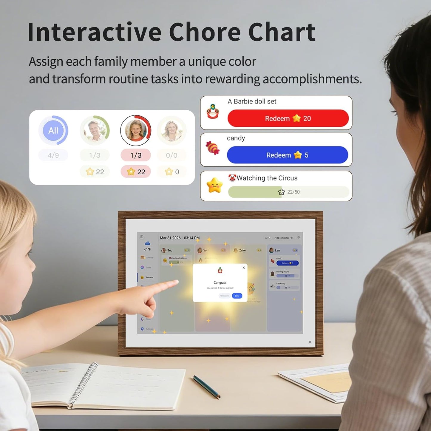 Smart Digital Calendar,Electronic Calendar Family Planner Chore Chart,10.1 inch HD Touchscreen Interactive Display for Family/Team Schedules,Syncs with Google/iCloud,Wall/Desk Mount-APP Control